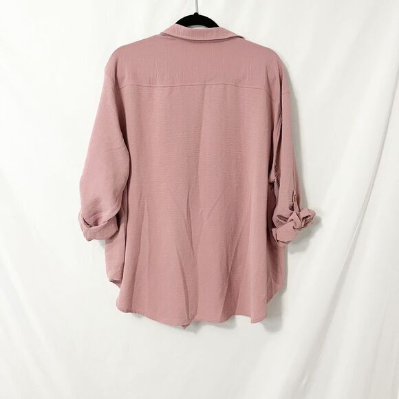 🟢Como Blu Blush Pink Rill tab Sleeve Button Down Front Tie Blouse Size 2X - Picture 2 of 7